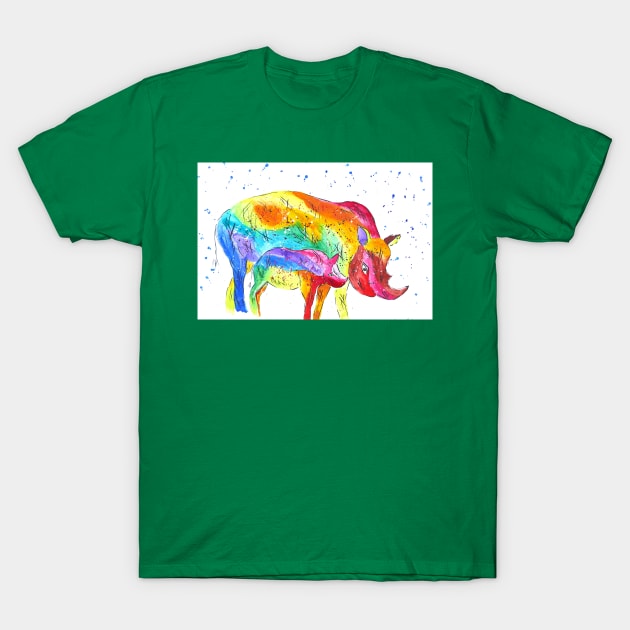 Colourful Mother and Baby Rhino T-Shirt by Casimirasquirkyart